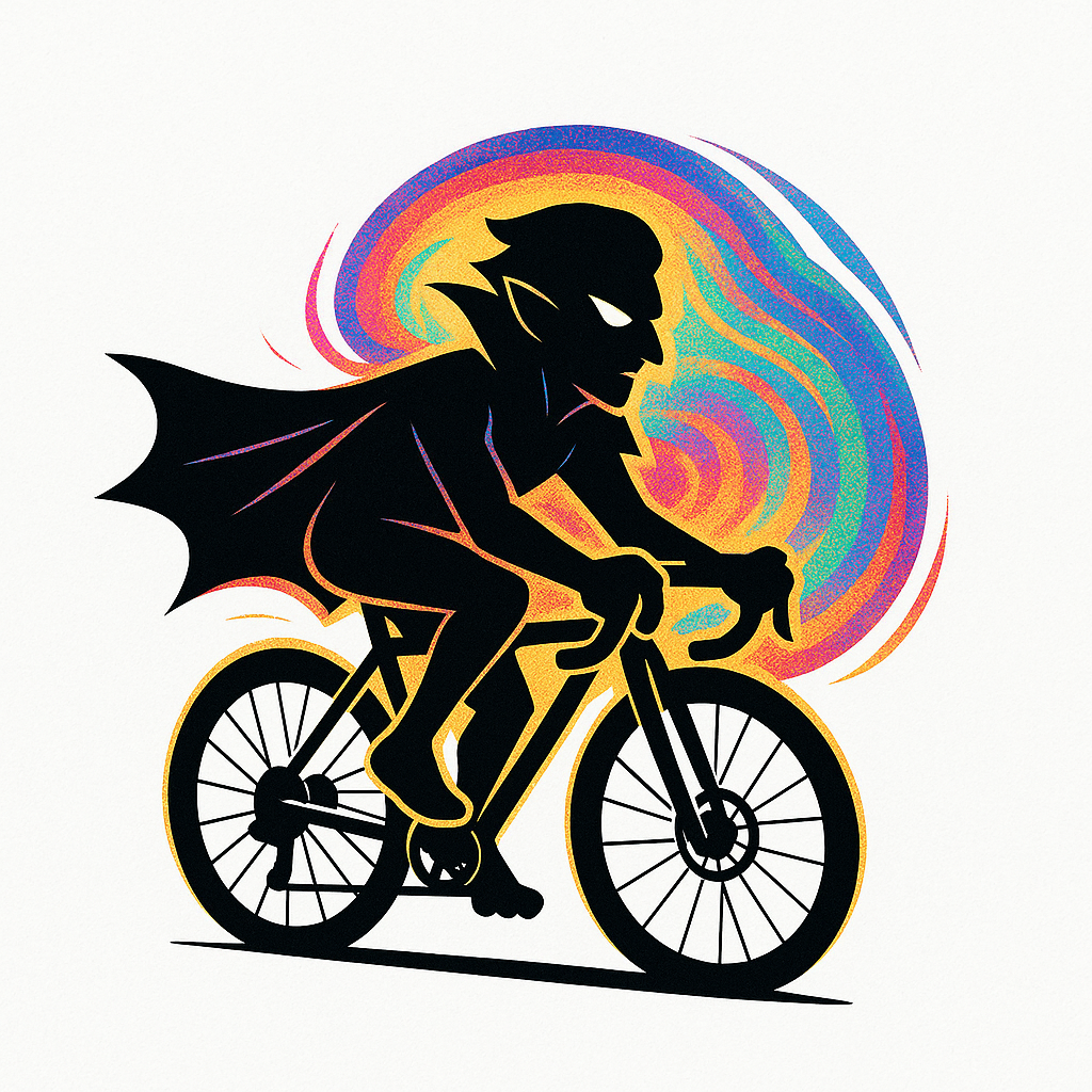 Bold graphic illustration of a vampire riding a gravel bike, depicted in sharp black silhouette with a flowing cape. A vibrant, swirling rainbow spectrum radiates behind the figure, set against a clean white background, symbolising energy, neurodiversity, and night-time creativity.